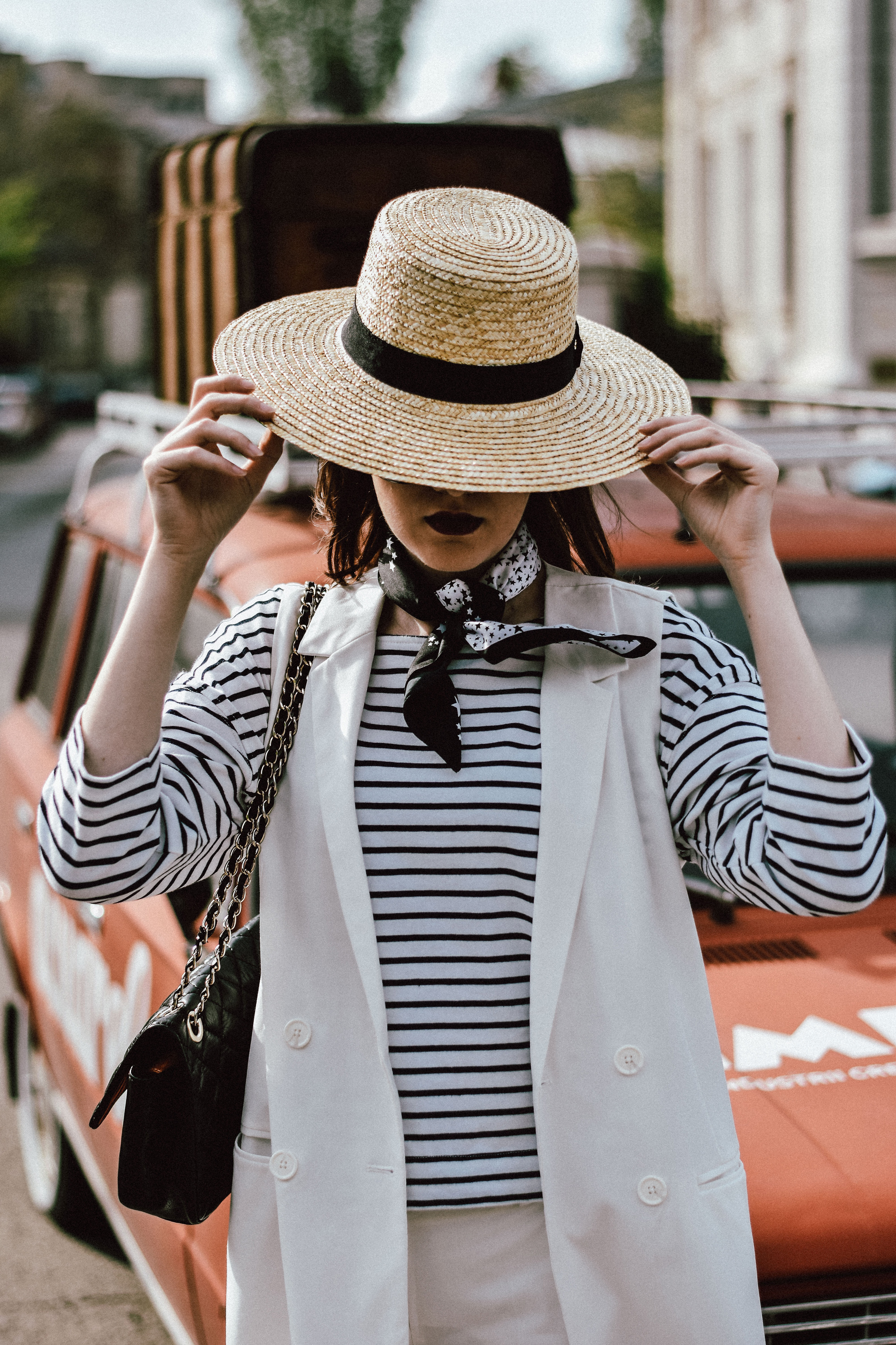 Basic-white-mango-trousers-stradivarius-waistcoat-vest-striped-top-furry-mules-quilted-leather-shoulder-bag-straw-hat-andreea-birsan-couturezilla-spring-outfit-inspiration-7